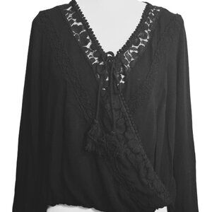 Xhilaration Black Draped Lace Tie Blouse Women's size M